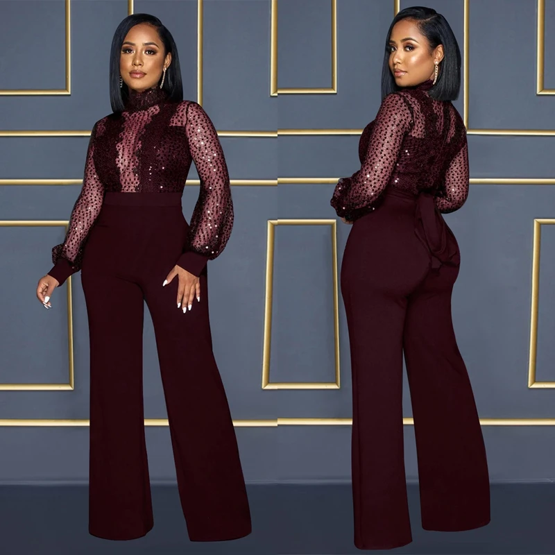 Casual Women Jumpsuits Long Sleeve Sheer Mesh Patchwork See Through Sequin One Piece Overall Wide Leg Rompers Sexy Clubwear