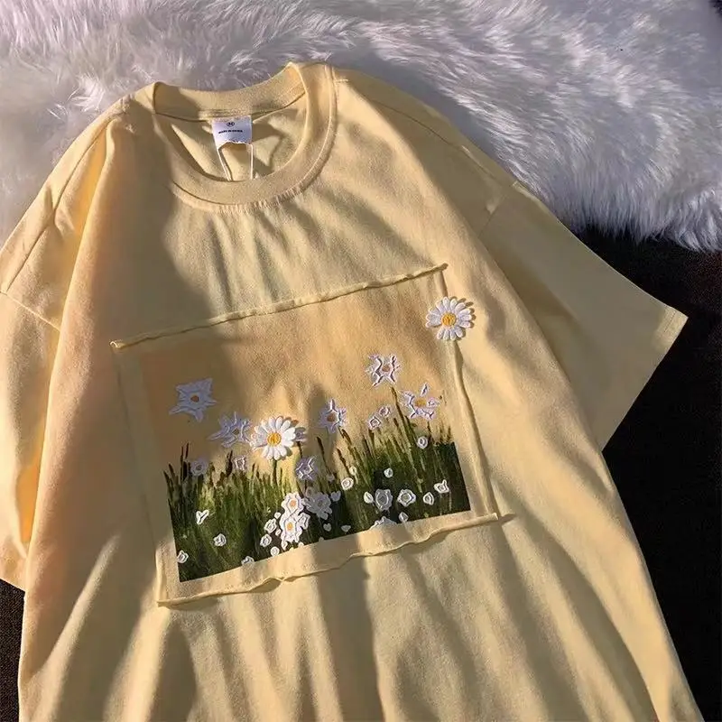 Футболка женская хлопковая с коротким рукавом и цветочным принтом желтая |