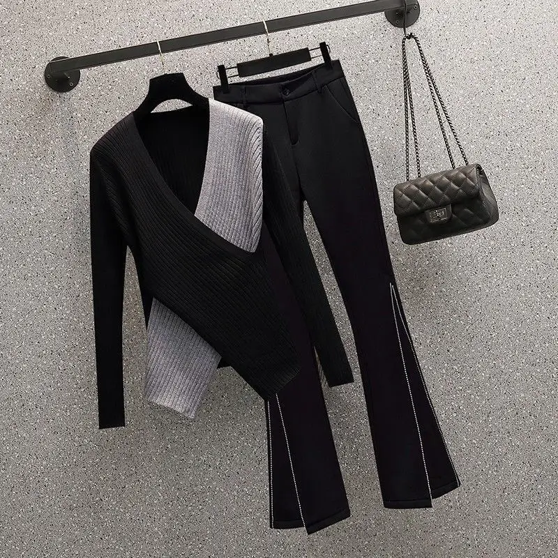 

Women's Falls Clothing Korean Lady Slim Cross V-Neck Knit Tops Flare Long Pants 2 Piece Set Fashion Joker Black Trouser Outfits