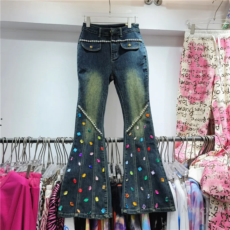 

Женские расклешенные джинсовые брюки, Новинка осени 2023, изысканные узкие джинсы в стиле ретро, облегающие длинные джинсы с эффектом потертости