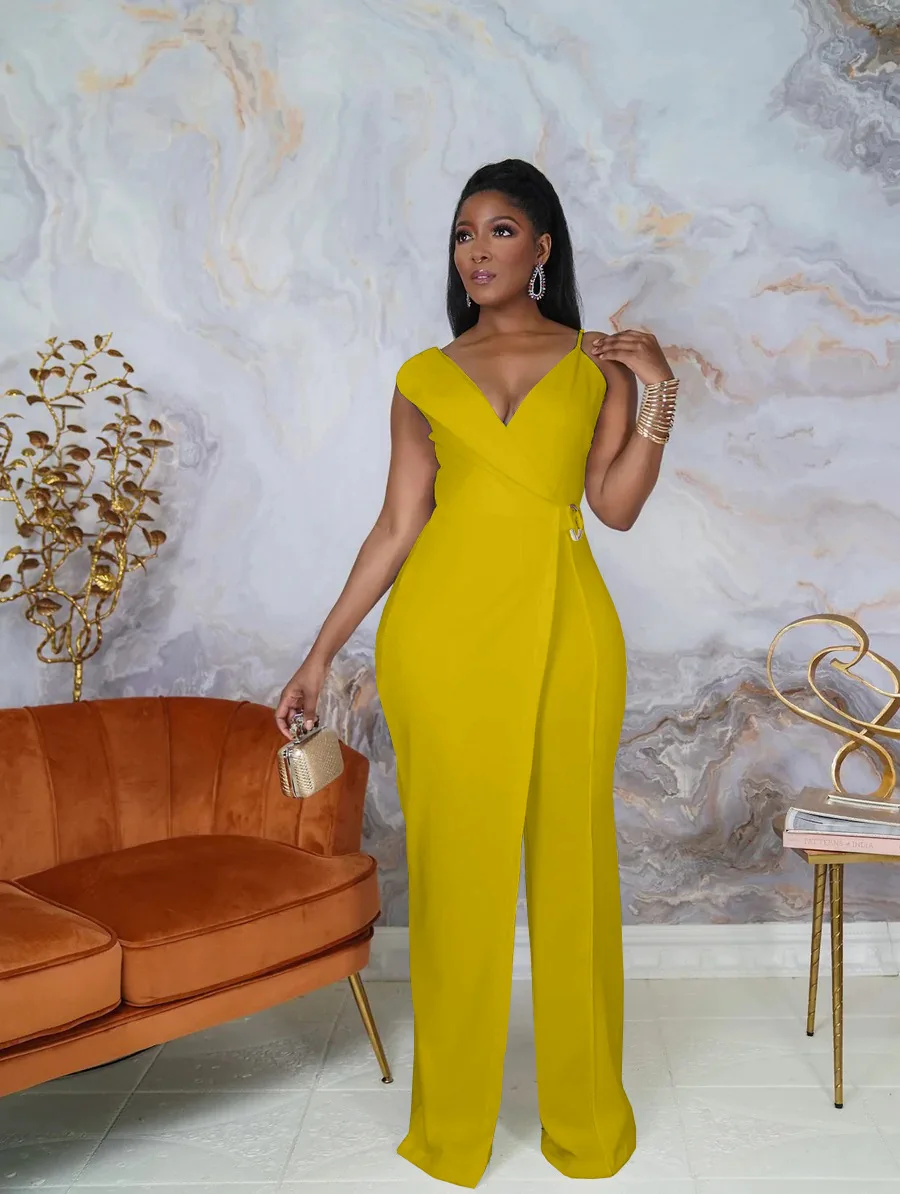 

Elegant Women V-neck High Waist Patchwork Straight Sleeveless Jumpsuit 2022 Summer Office Lady Party Playsuit