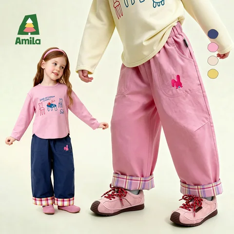 Детские универсальные повседневные брюки Amila Spring с эластичной резинкой на талии, сетчатым узором и фланелевой отделкой для повседневного ношения
