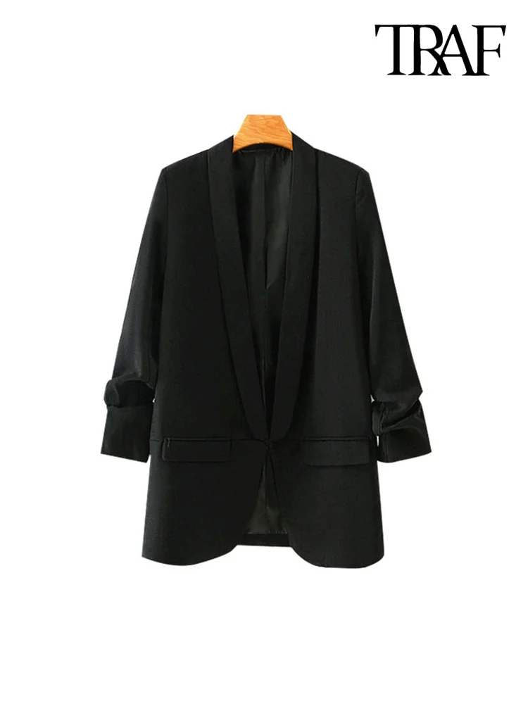

TRAF Women Fashion Office Wear Basic Black Blazer Coat Vintage Pleated Sleeve Pockets Female Outerwear Chic Tops
