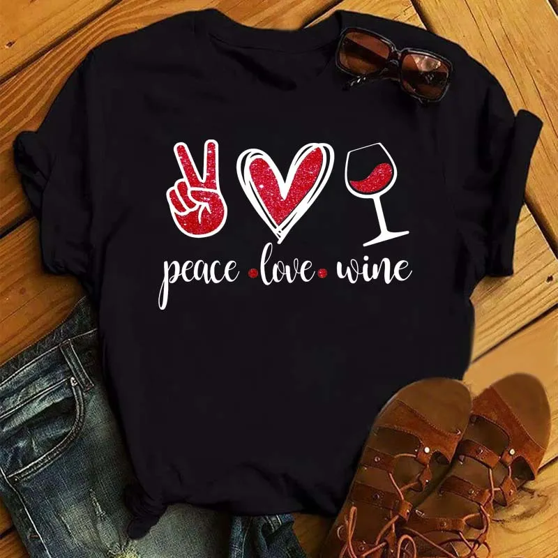 

Peace Love Wine Print T Shirt Women Short Sleeve O Neck Loose Tshirt Summer Women Tee Shirt Tops Clothes Camisetas Mujer