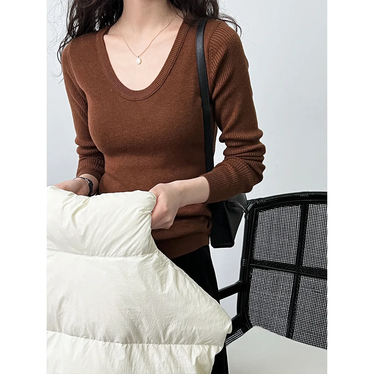 

2023 New Autumn and Winter Basic U-neck Long-sleeved Sweater with Slim Wool Soft Waxy Bottoming Shirt for Women