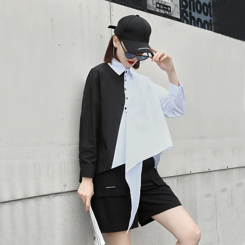 

211203 Women Oversized White Asymmetrical Long Sleeve Large Size Ladies Elegant Chic Open Hit Color Shirt Blouse Top Blusa Mujer