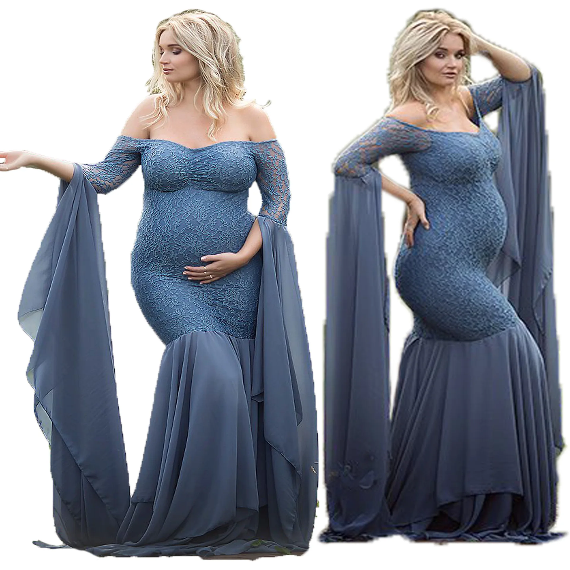 

Maternity Photography Dress Women's Lace Stitching Long-sleeved One-piece Dress Auxiliary Modeling Clothing Shooting Props