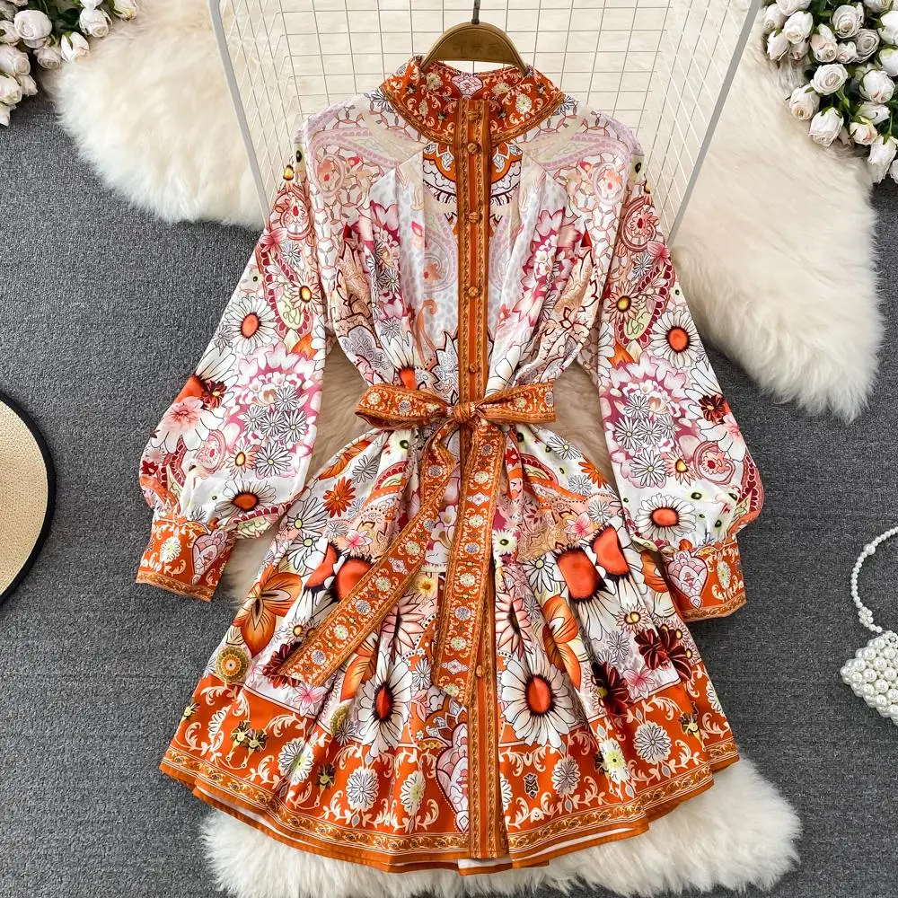 

Banulin Runway Elegant Designer Holiday Summer Mini Dress Women's Stand Collar Single Breasted Floral Print Chiffon Belt Dress