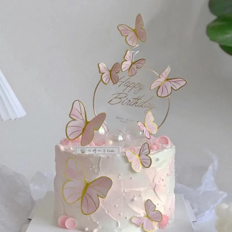 Stamping Gold Pink Butterfly Cake Toppers Princess Girl Wedding Happy Birthday Party Decor Dessert |