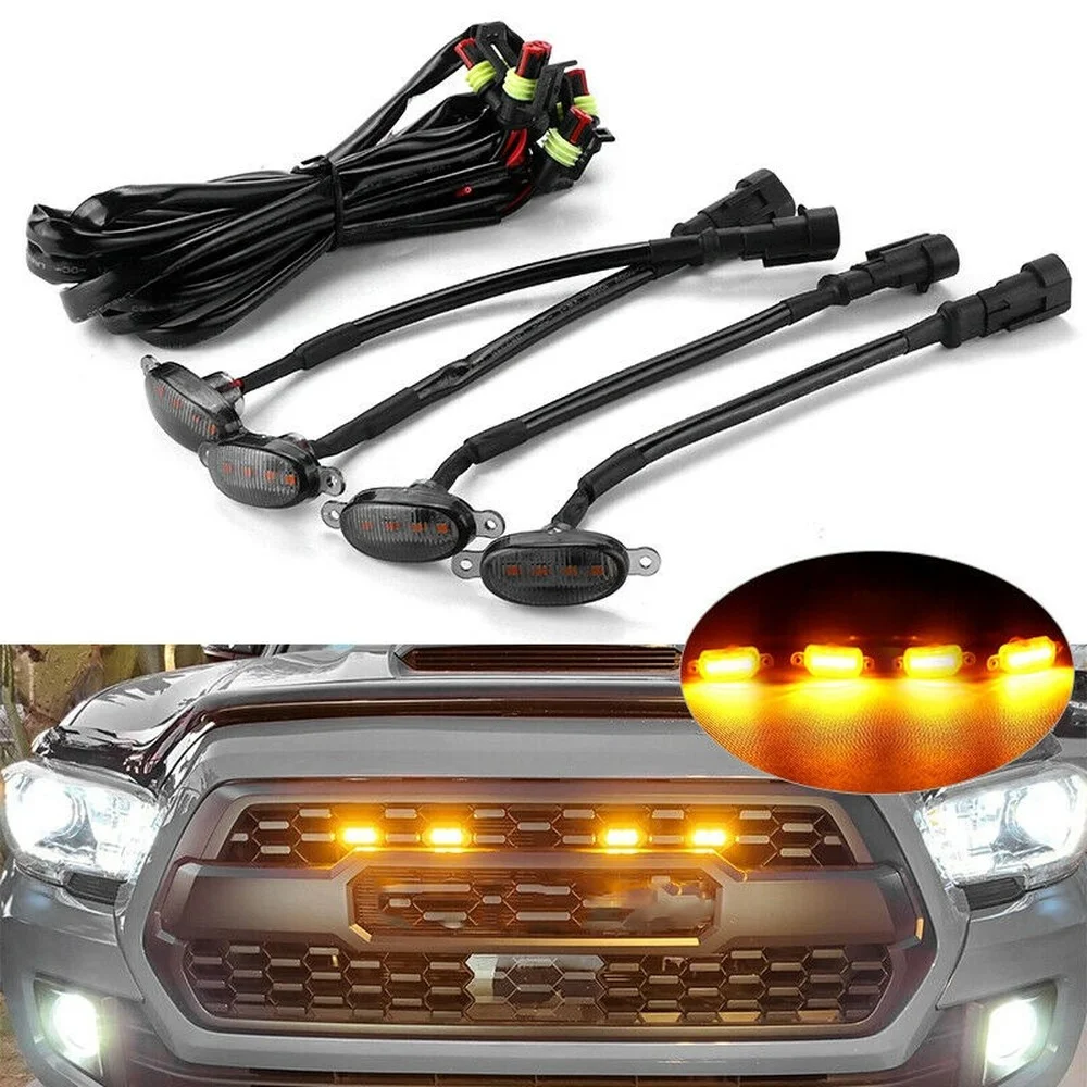

4Pcs LED Grille Light Yellow Light Car Light Wire Harness Modified Vehicle Daytime Running Light Fog Light