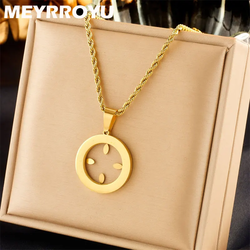 

MEYRROYU 316L Stainless Steel Geometric Hollow Creative Round Pendant Clavicle Chain Necklace For Women Jewelry Gift Accessories