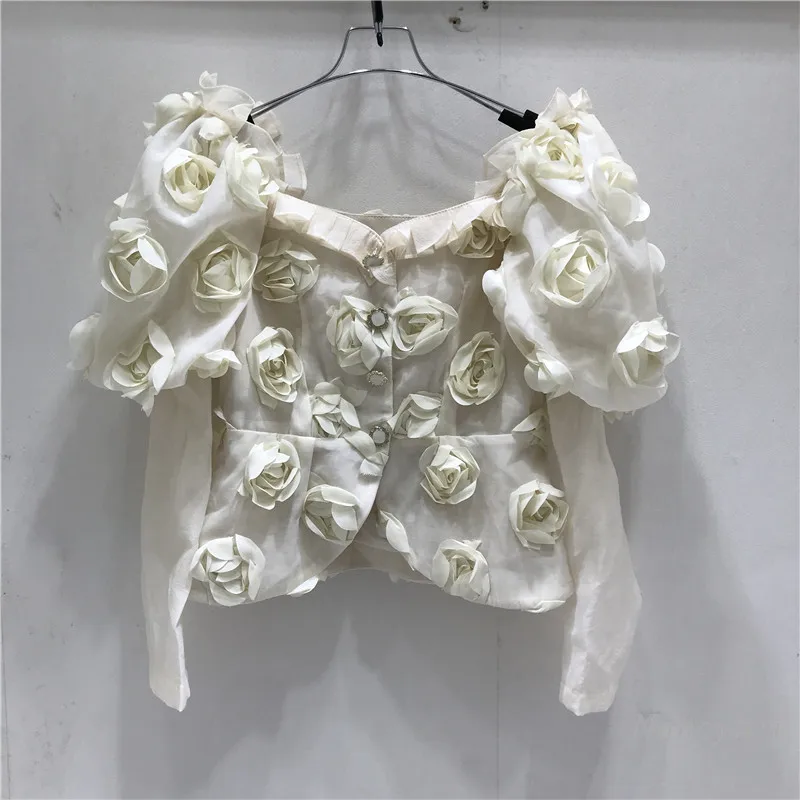 

Three-Dimensional Rose Flower Shirt Women 2022 Fashion Puff Sleeve Blouse Spring New Slimming and Short Square Collar Top Femme