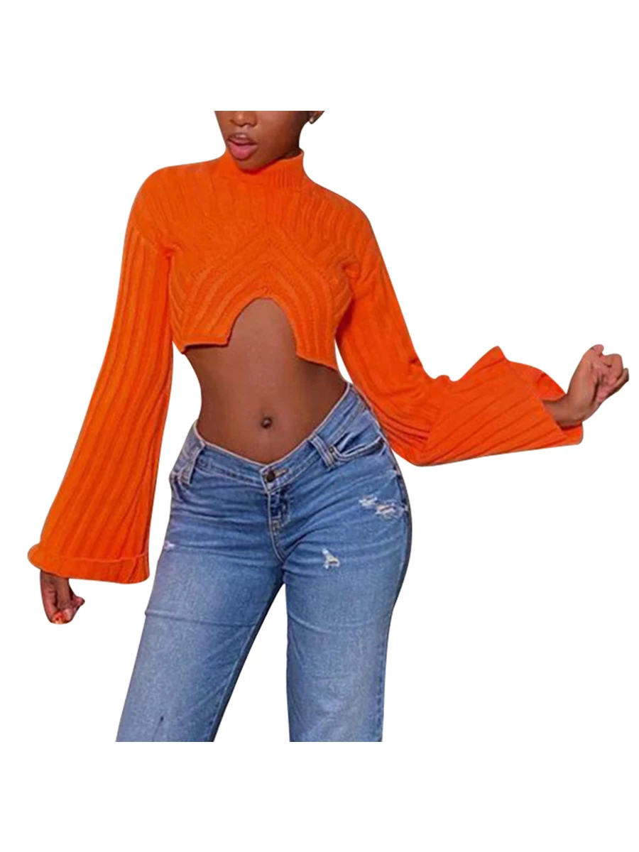 

Female Sweater Solid Color Mock Neck Long Sleeve Crop Tops Knitwear Autumn Outfit Orange S M L