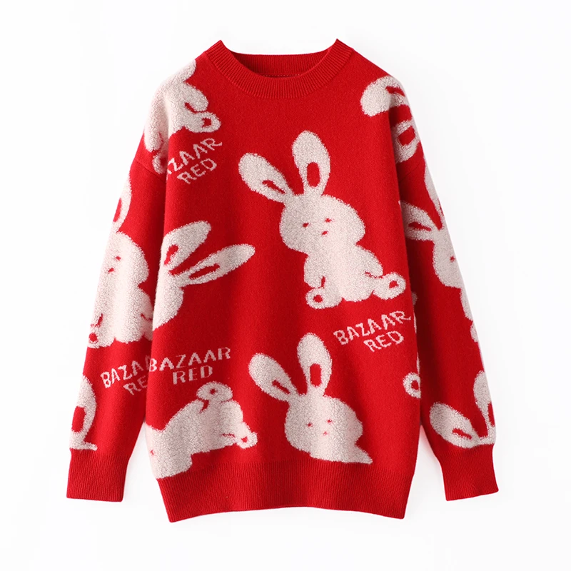 2023 Year Of The Rabbit Spring Festival Red Sweater Heavy Industry Embroidery Rabbit Christmas Chinese New Year Sweater Girl