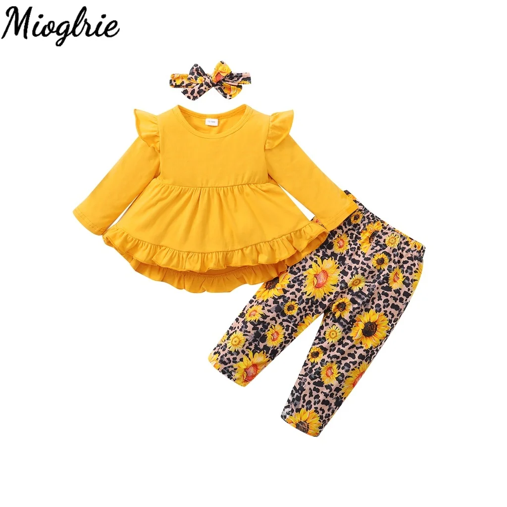 

1-4Y Toddler Baby Girl 3PCS Clothes Set Ruffle Long Sleeve Blouse+Sunflower Pants Partywear Spring Autumn Infant Girl Outfits