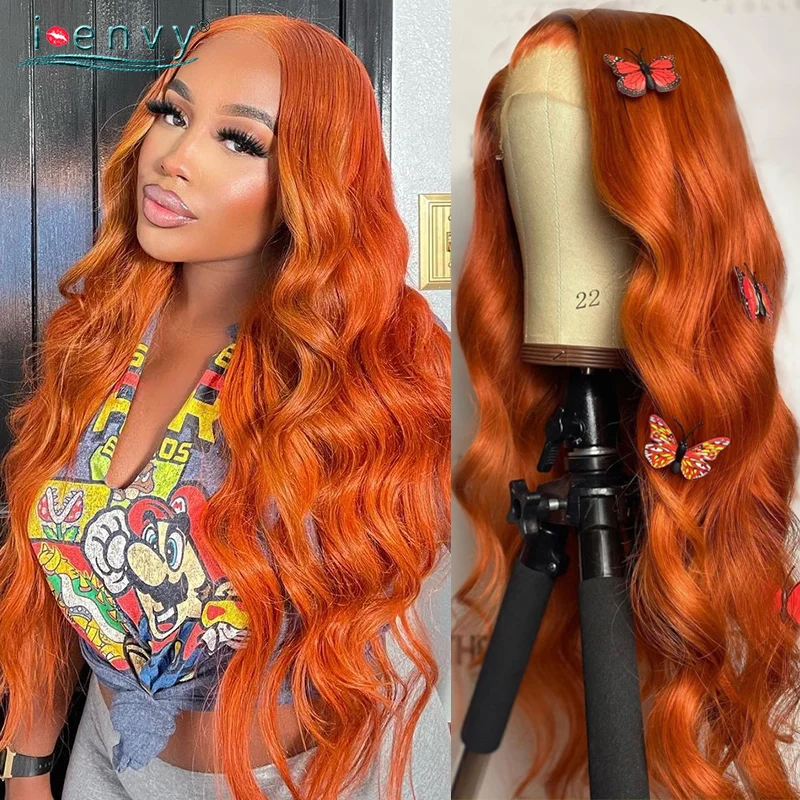 

Имбирные светлые кружевные передние парики, парики из человеческих волос оранжевого цвета для женщин, волнистые волосы 13x4, фронтальные пар...