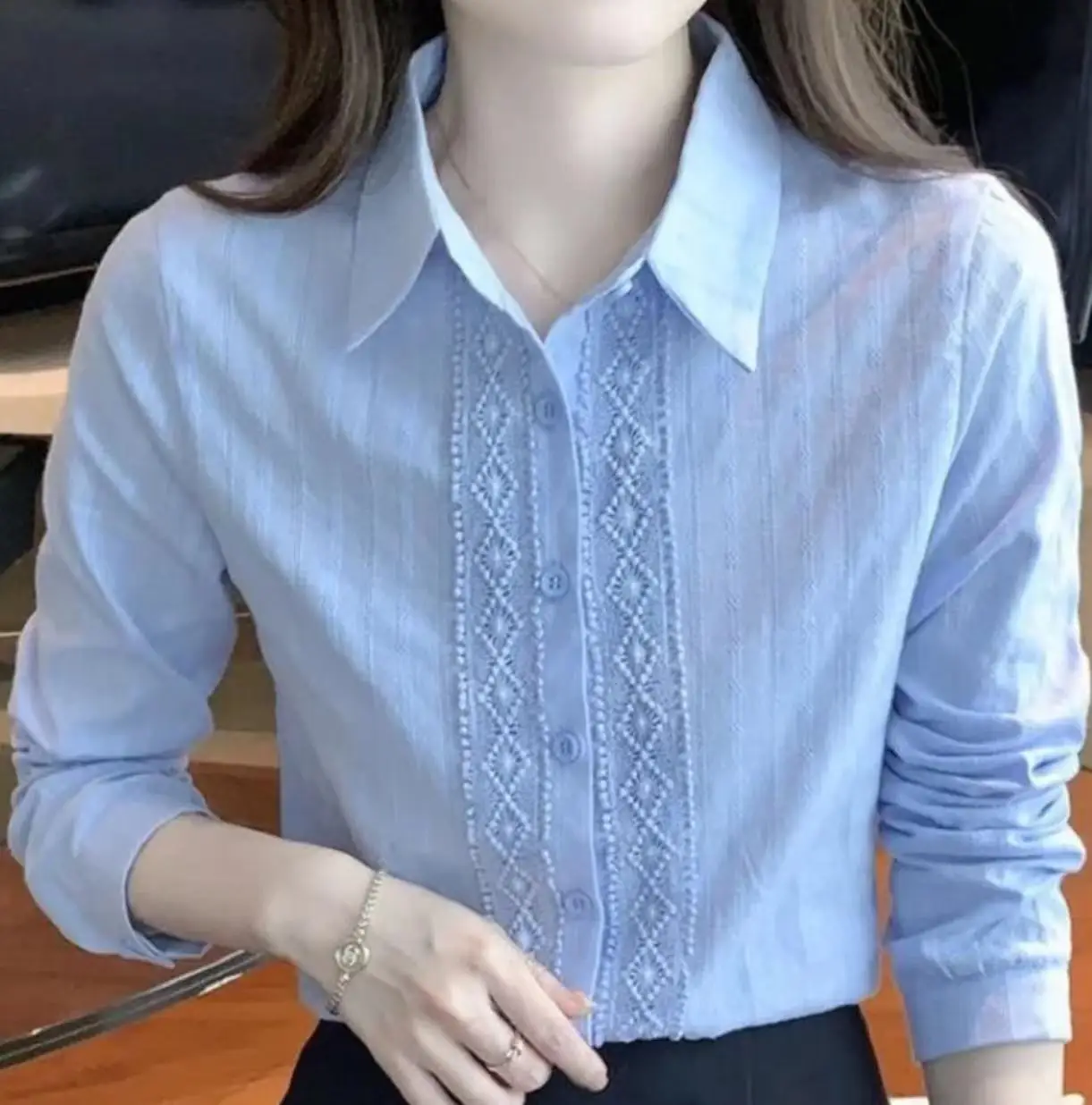 

Blue White Cotton Embroidery Women Fall Autumn 2023 Blouses Shirts Long Sleeve Turn-down Collar Lace Patchwork Blusas Tops