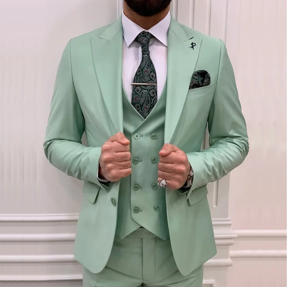 Костюм мужской мятно-зеленый Роскошный жакет брюки жилет однобортный пиджак с