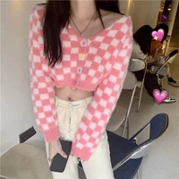 korean fashion pink plaid cardigan womens sweater long sleeves v neck candy colors single breasted y2k clothes cropped cardigan