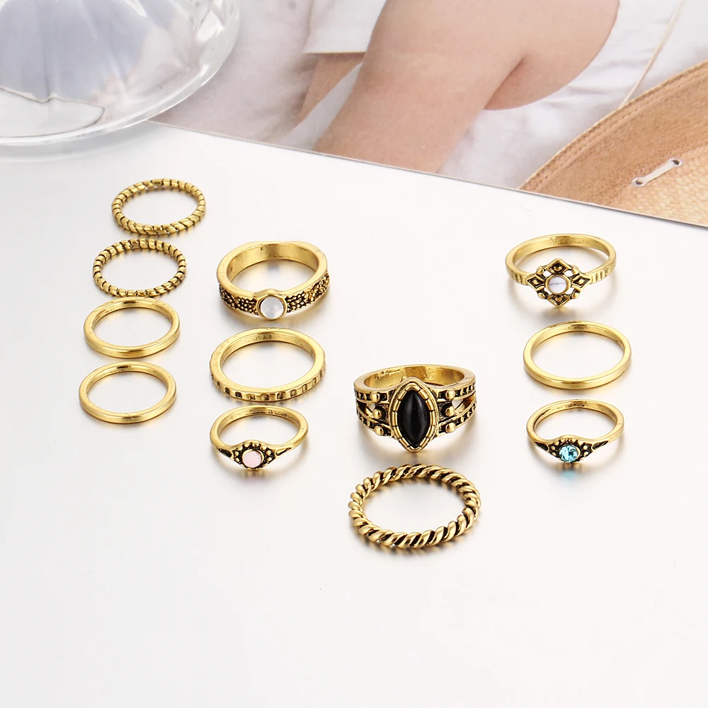 Набор из 12 штук ретро-винтажных золотых колечек-кнудлов для женщин, бохемной и бохо-украшений.