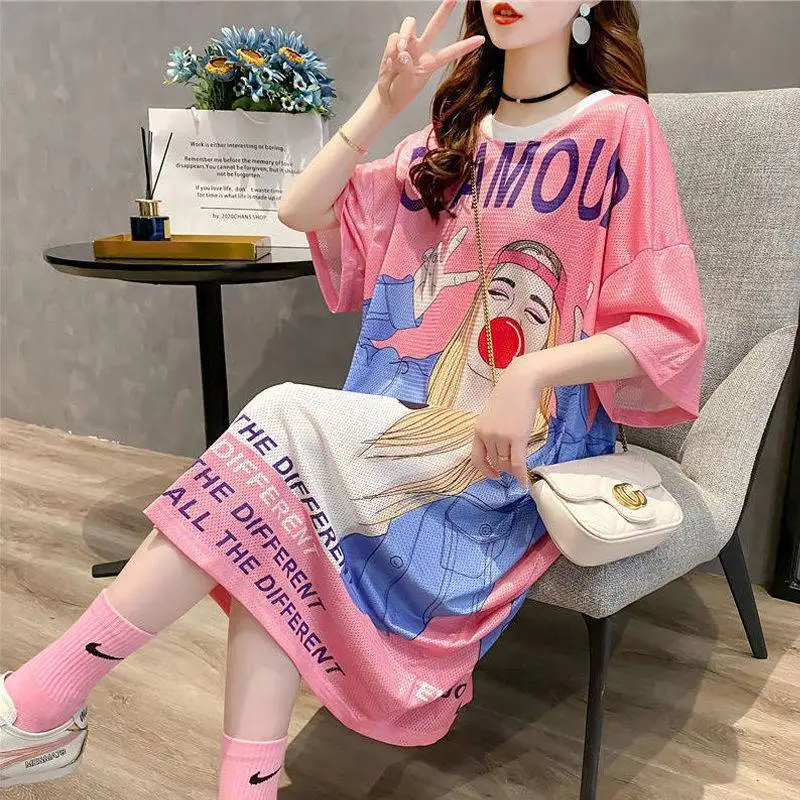 

Knee-length breathable silk short sleeve T-shirt Women ins2022 Summer New Korean fashion loose quick drying cartoon dress