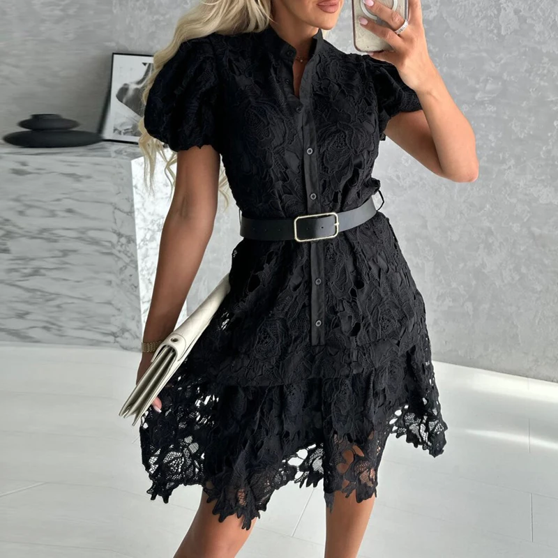 Summer Puff Short Sleeve A-line Dress Sexy Embroidery Solid Color Mini Party Dress Women Stand Collar Single Breasted Lace Dress