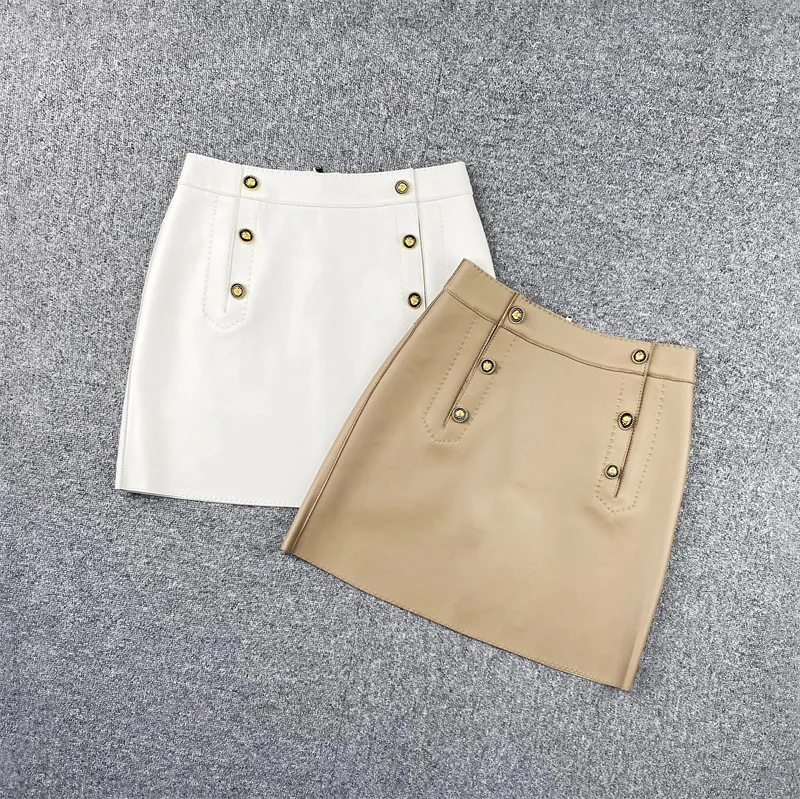 2022 New Arrival  Women Fashion Metal Button Genuine Sheepskin Leather Skirt