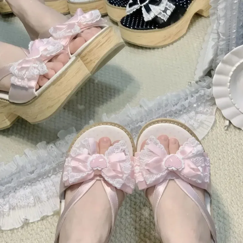 Фото Женские летние сандалии Sweet Bow на толстой платформе с эффектом дерева, удобные, в японском стиле, на высоком каблуке №5
