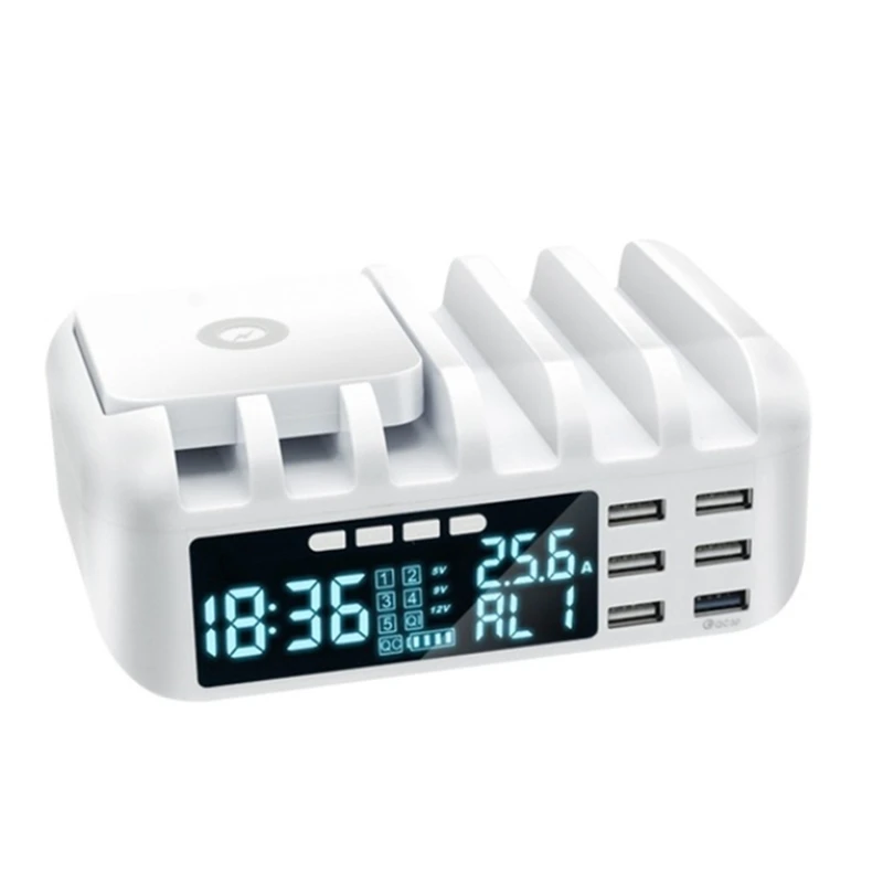 

48W Multi Phone USB Wireless Charger with Clock for IPhone 11 12 Pro Max QC 3.0 LCD Fast Charging Station EU Plug