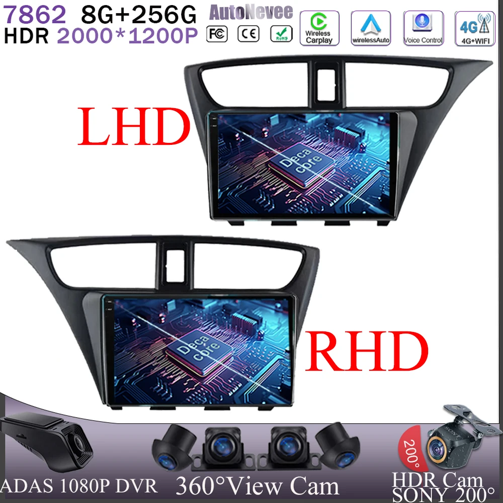 

Автомобильный радиоприемник Android 13 для Honda Civic Hatchback 2012-2017 LHD и RHD Carplay, стерео навигация, 5G WIFI GPS HDR DVD NO 2DIN