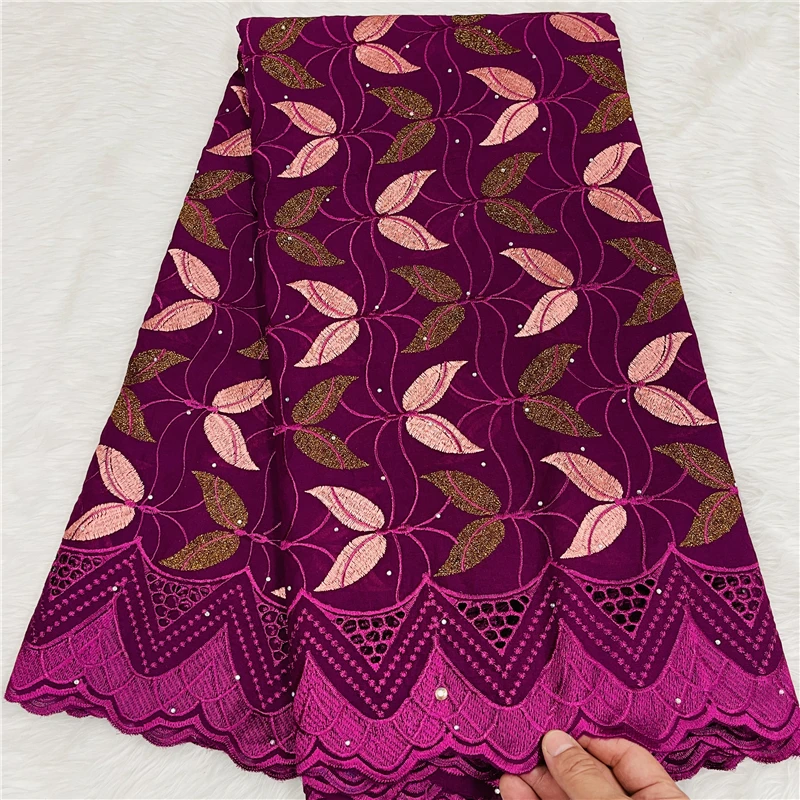 

5 Yard Swiss Voile Lace Fabric Latest Heavy Beaded Embroidery African 100% Cotton Popular Dubai Style For Party Cloth Material H