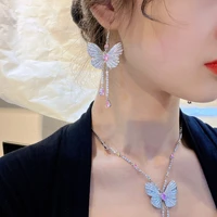 foydjew luxury super fairy butterfly jewelry sets for women tassel long drop earrings pink diamond pendant necklaces set