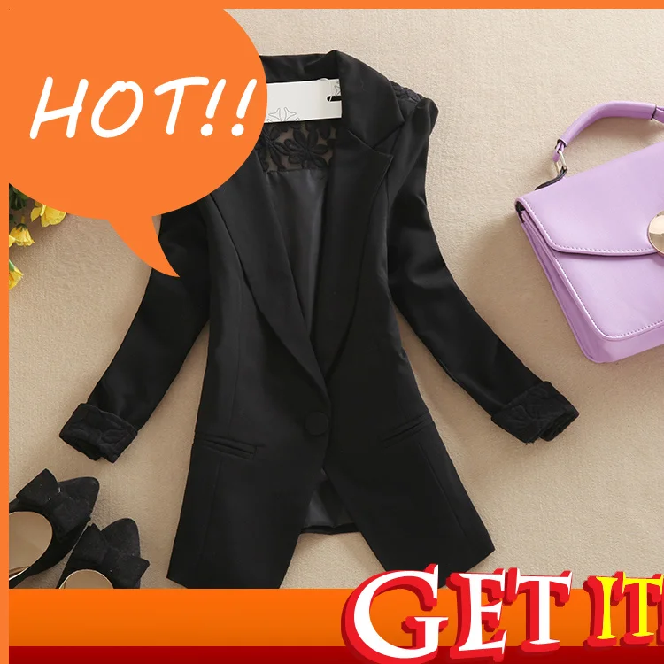 

Женский черный офисный пиджак с рукавом три четверти, однотонные кружевные топы, куртка с длинным рукавом, Дамский кардиган, верхняя одежда,...