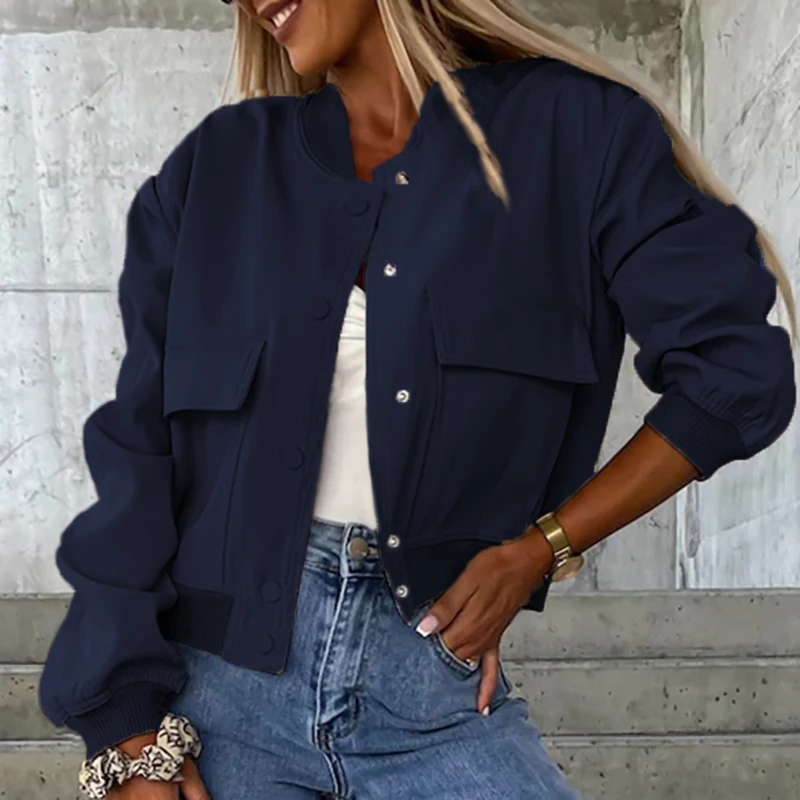 Женская короткая куртка с карманами однотонная Повседневная однобортная