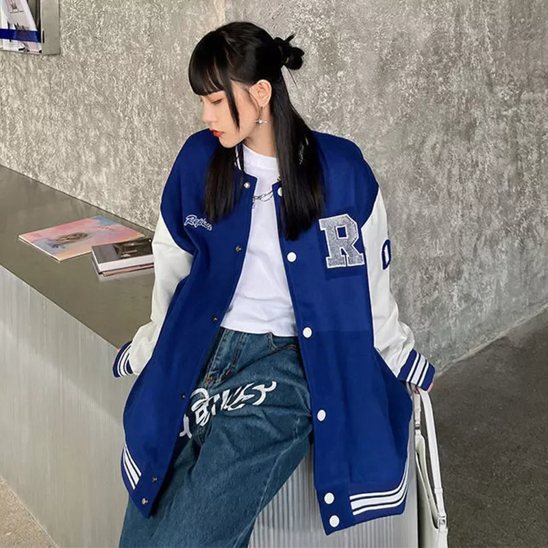 

Новинка 2022, винтажная бейсбольная униформа в стиле пэчворк с алмазным принтом и буквенным принтом, Женская однобортная уличная одежда с дли...