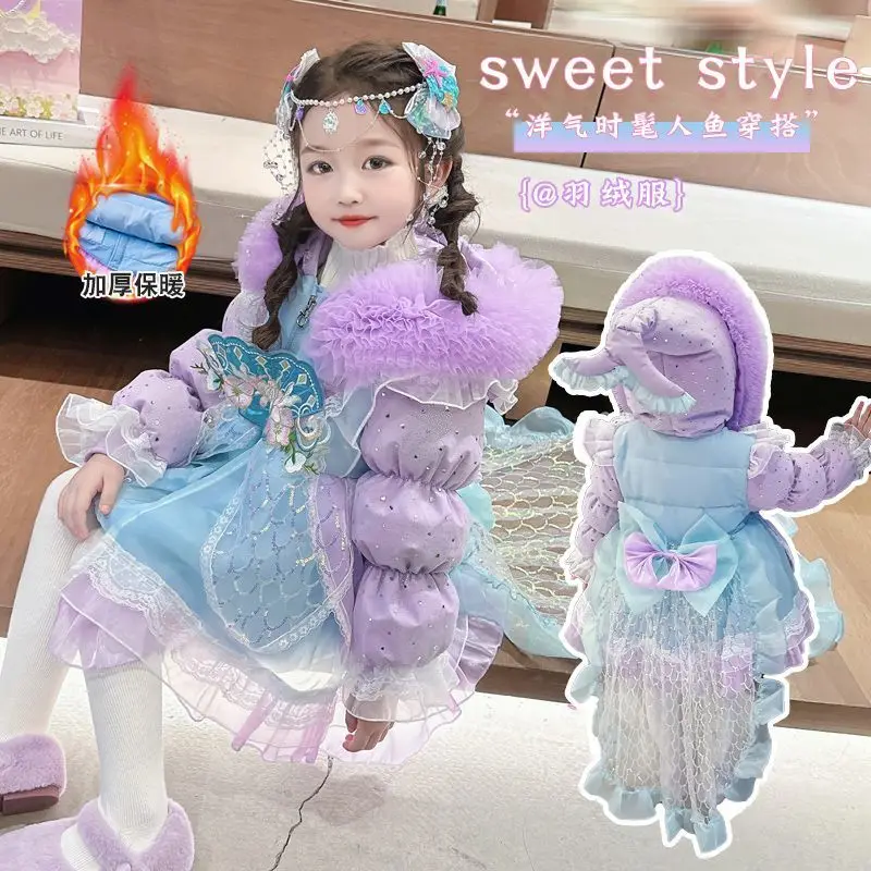 Фото Kids Clothes Warm Warm Winter Thick Baby Girls Spanish Lolita Christmas Sweet Princess Ball Gown Layered Snow Long Jacket Coat №3