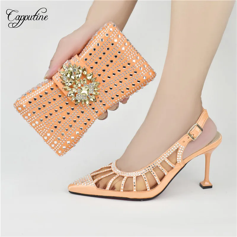 

Luxury Stones Shoes Matching With Bag Set For Women Ladies High Heels Pumps And Purse Handbag Sandals Clutch Escarpins 958-3A