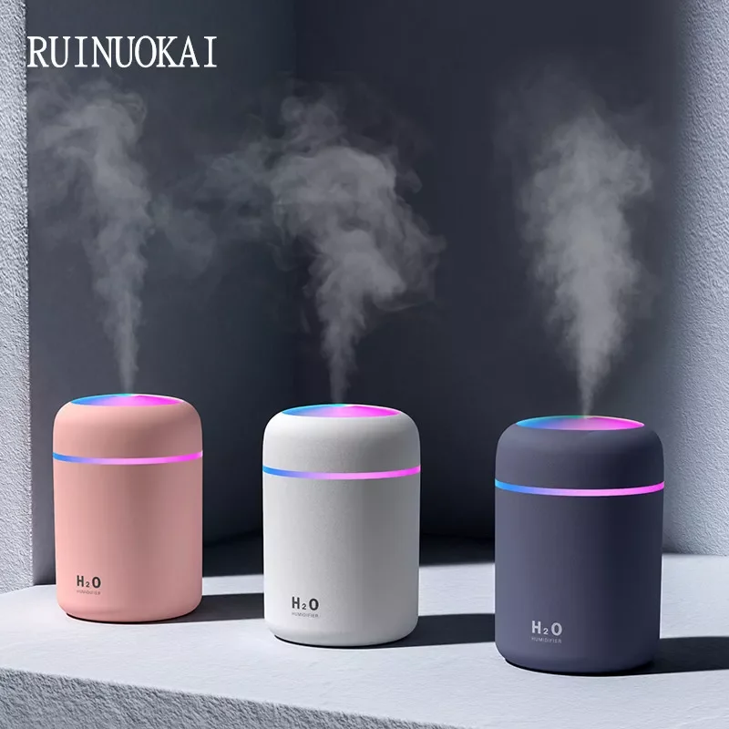 300ML White Mini Air Humidifier Aroma Essential Oil Diffuser with Romantic Lamp USB Mist Maker Aromatherapy Humidifiers for Home