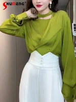 high grade acetate satin long sleeve green shirt 2022 temperament womens slim fit wide leg top and trousers suit 2 pieces set