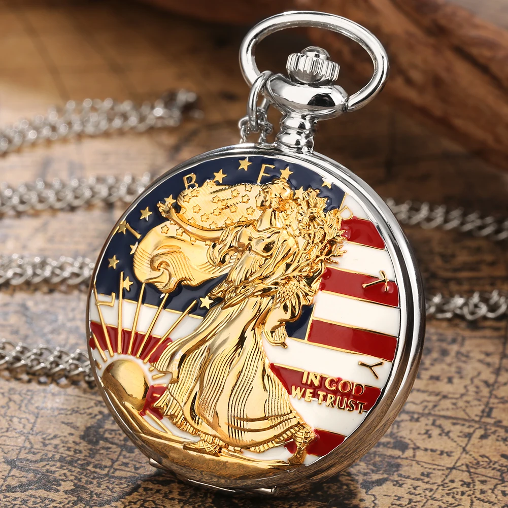 

Classic Statue of Liberty Themed Quartz Pocket Watch Men Elegant Women's Necklace Pendant Pocket Clock Collected Timepiece
