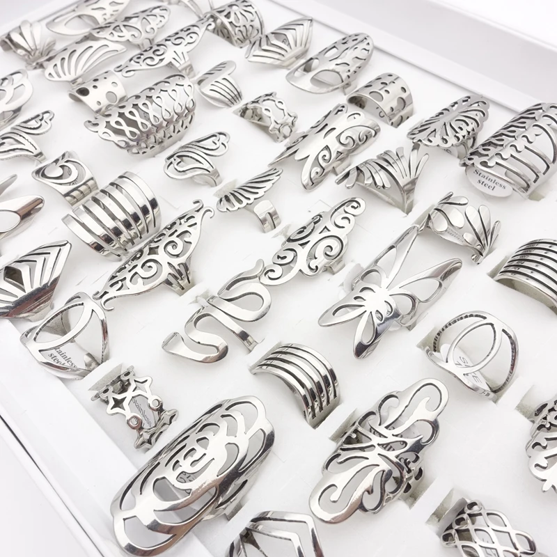

20PCs/Pack Stainless Steel Rings For Women Laser Cut Hollow Beautiful Flowers Fashion Jewelry Gold Silver Plated Party Gift
