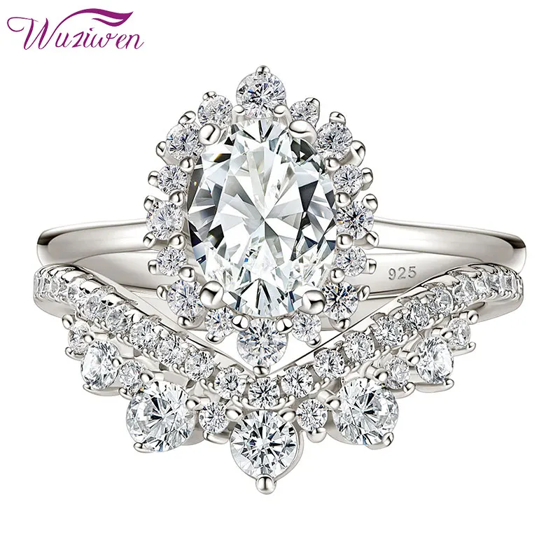 

Wuziwen 925 Sterling Silver 2 Carat Glamorous Oval Cut Engagement Ring Set for Women AAAAA Grade Cubic Zircon Wedding Band