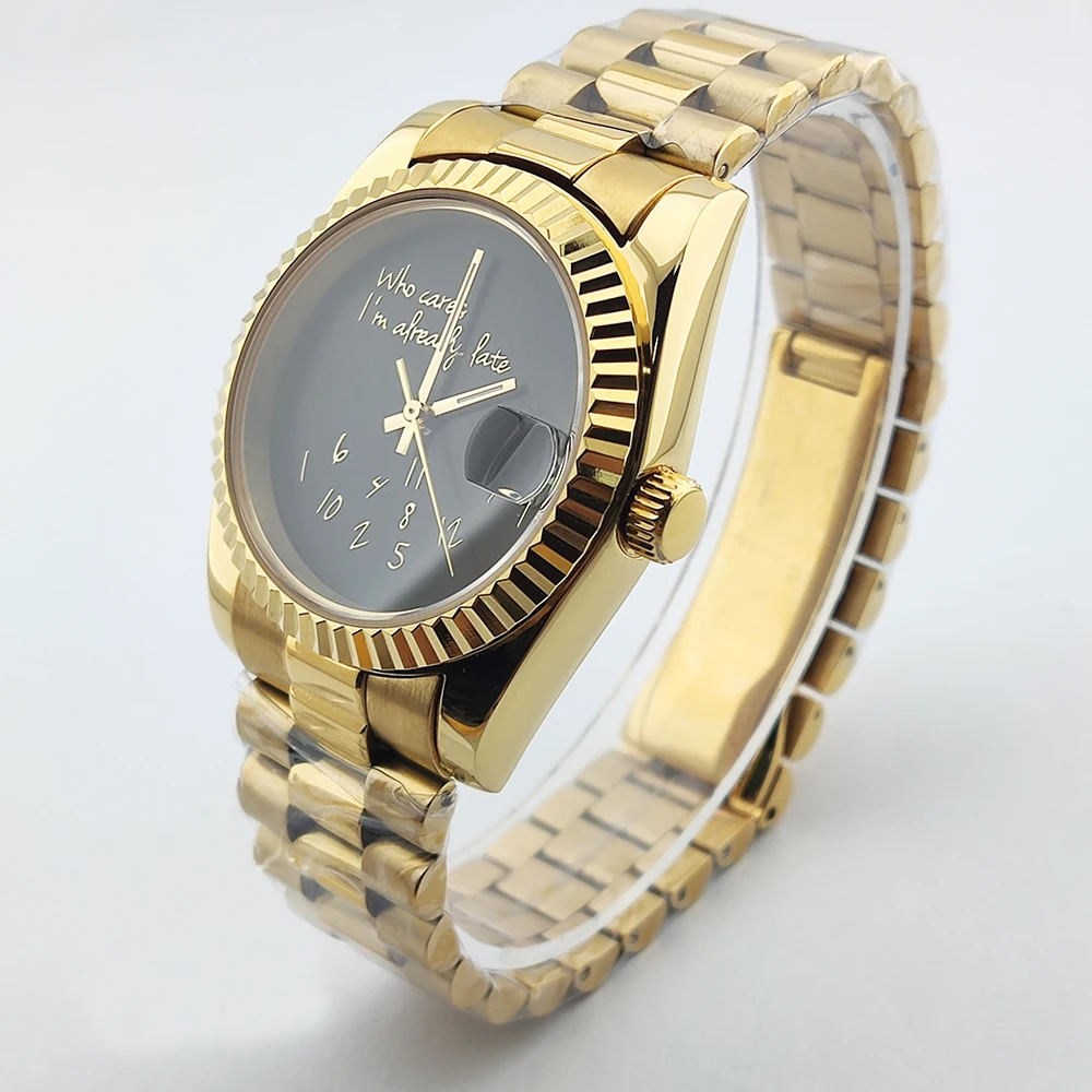 Золотые мужские часы 36/39 мм Who cares без логотипа золотой текст сапфировое стекло