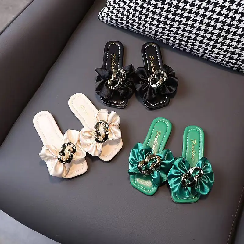 Summer New Sandals Girls' Chain Large Bow Tie Slide Princess Shoes 2023 Children's Soft Sole Casual Beach Slippers