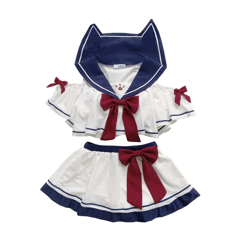 

Lolita Bowknot Off Shoulder Navy Sailor Swimsuit Bikinis Anime Student Girl Cosplay School Two Piece Swinwear Beach Bathing Suit