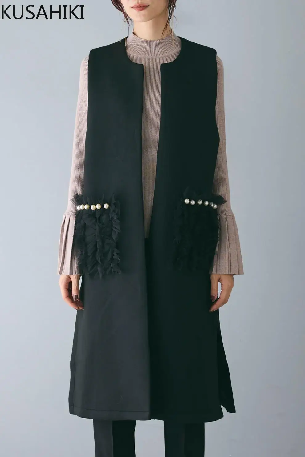 Женский Длинный жилет с кружевом круглым вырезом и карманами