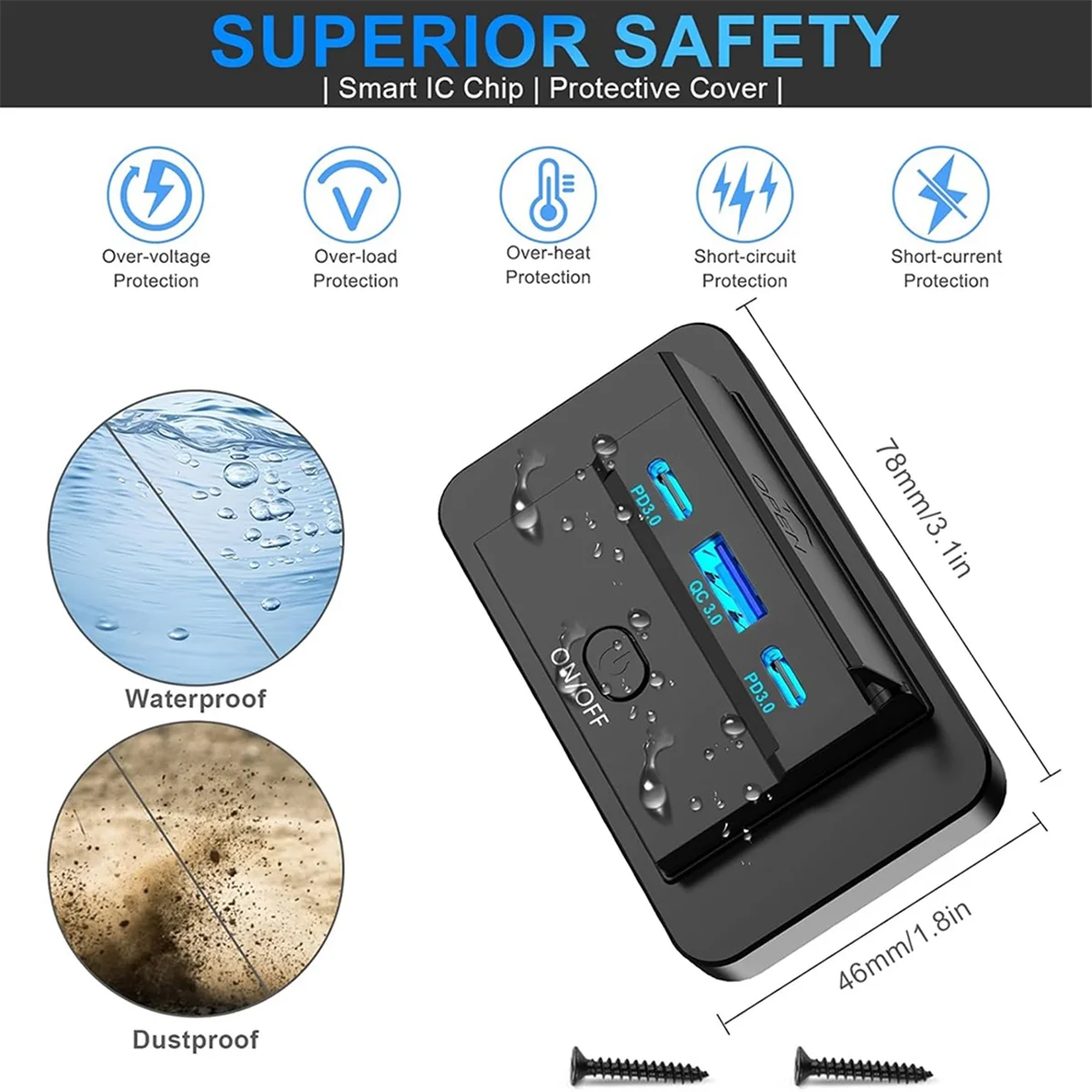 2 шт. 3 порта 12 В RV USB розетка 90 Вт двойной PD3.0 Type-C Быстрая зарядка 72 и QC3.0 18 Панель