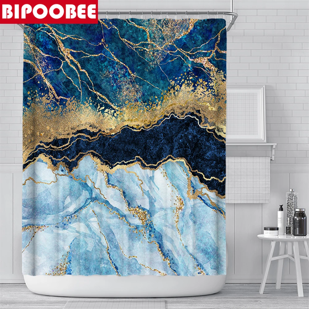 Купить Синяя, золотая, мраморная мозаика с золотыми венами, занавески для ванной и душа, крышка для унитаза, коврики, нескользящий ковер для ванной ...