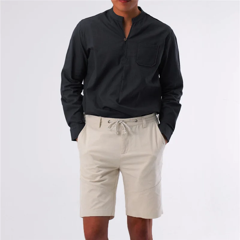 

Summer Cross-Border European and American Solid ColorVCollar Men's Slim-Fit Long-Sleeved Pullover One Button Shirt Foreign Trade
