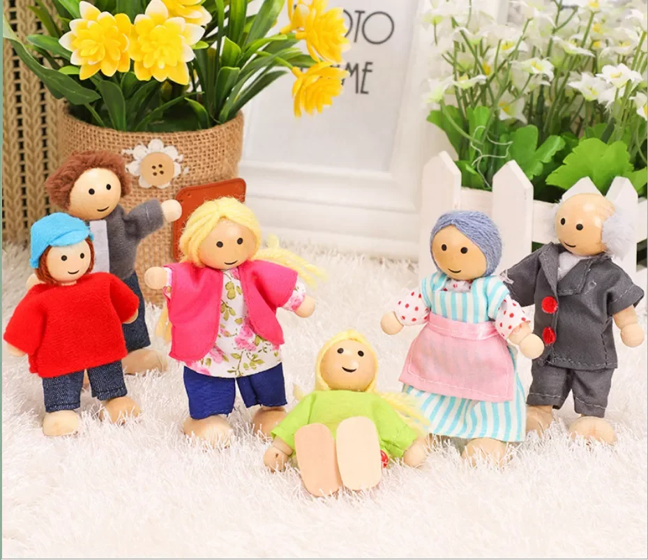 

Happy doll family miniature 6 people set toy wooden jointed dolls children muppet pretend toys story-telling dressed characters